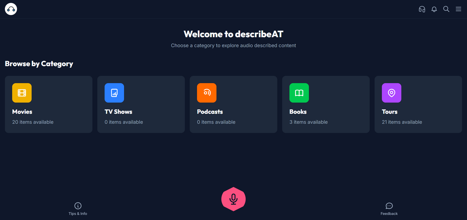 The describeAT home screen. A Browse by Category row shows tiles for Movies, TV Shows, Podcasts, Books and Tours with the number of audio described items in each, and a large pink microphone button at the bottom starts the sync.