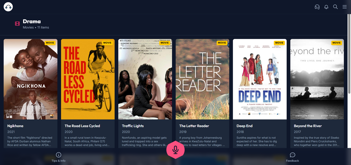 The Drama category in describeAT, showing a grid of audio described film posters, each tagged Movie.