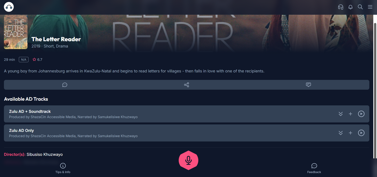 The title page for the film The Letter Reader in describeAT, showing the running time, a short synopsis, and two available AD tracks: Zulu AD plus Soundtrack, and Zulu AD Only.