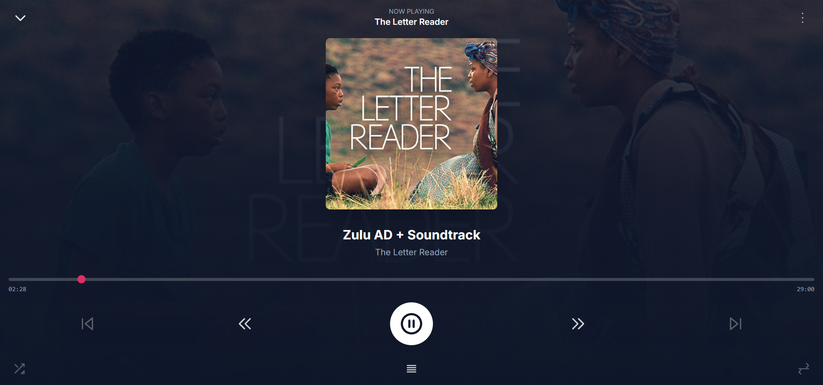 The describeAT player playing the Zulu AD plus Soundtrack track for The Letter Reader, showing the film poster, a progress bar part way through, and playback controls.