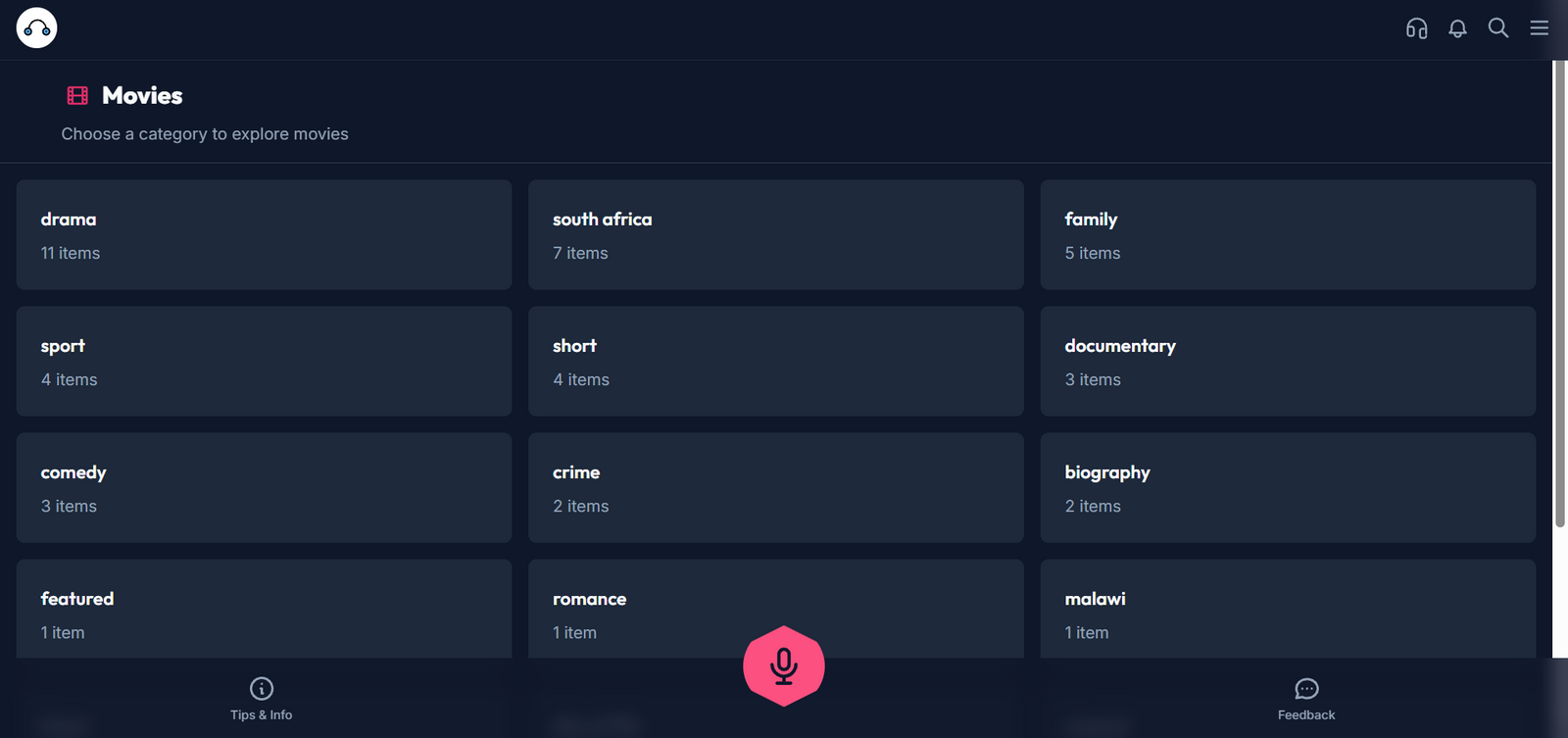 The Movies section of describeAT, showing category tiles for drama, south africa, family, sport, short, documentary, comedy, crime, biography, featured, romance and malawi, with the number of items in each.