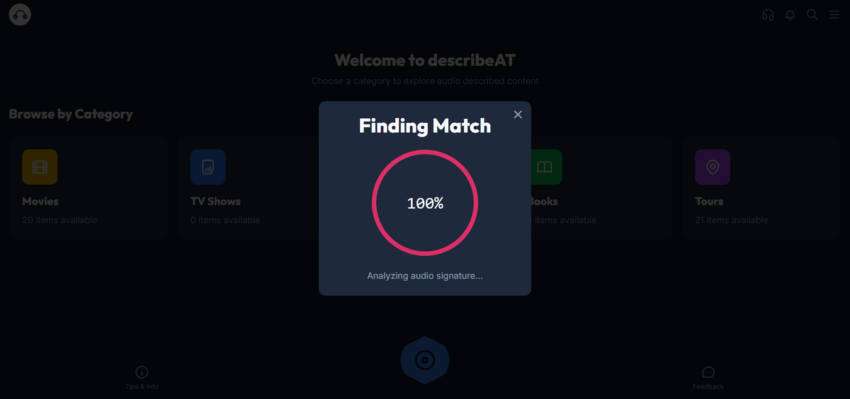 The describeAT sync dialogue, titled Finding Match, showing a progress ring at one hundred percent and the message Analyzing audio signature.